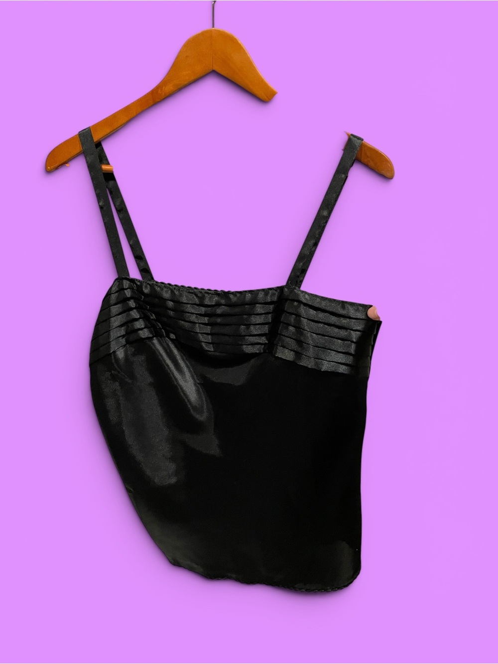 Cute black silky 80s Escapades tuxedo scalloped trim cami coquette